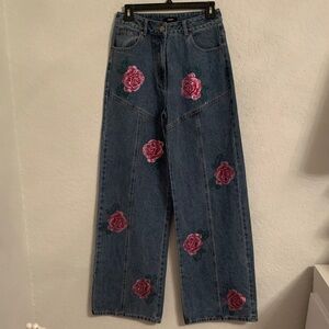 NWT Nasty Gal  Embellished Rose Denim High Waist Authentic Women's Jeans Size 8